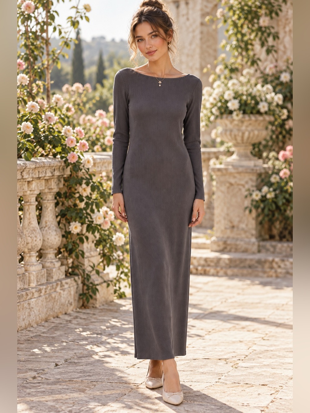 Moa Moa S Charcoal Gray Ribbed Bodycon Midi Dress Long Sleeve NWT